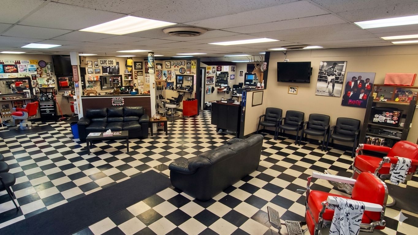 Esquire Barbershop interior — checkered floor, Brandon Manitoba